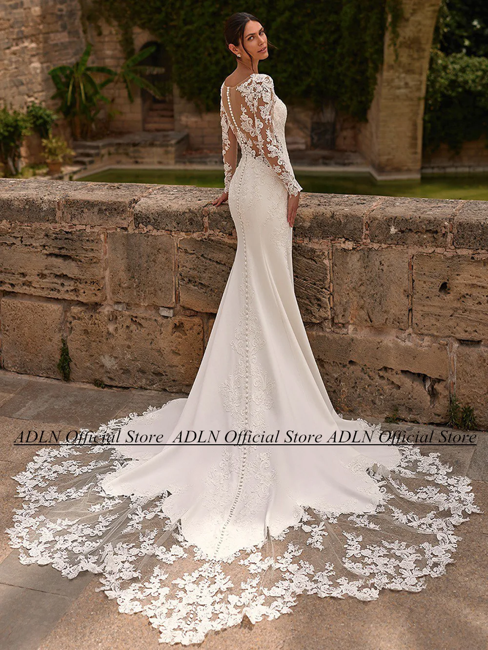 ADLN Mermaid Wedding Dresses 2025 Deep V Neck Long Sleeves Applique Illusion Back Buttons Court Train Jersey Bridal Gown 2