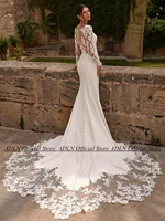 ADLN Mermaid Wedding Dresses 2025 Deep V Neck Long Sleeves Applique Illusion Back Buttons Court Train Jersey Bridal Gown 2