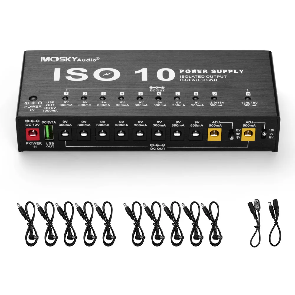 MOSKYAudio ISO-10 Portable Guitar Effect Power Supply Station 10 Isolated DC Outputs & 1 5V USB Output for 9V 12V 18V Effects
