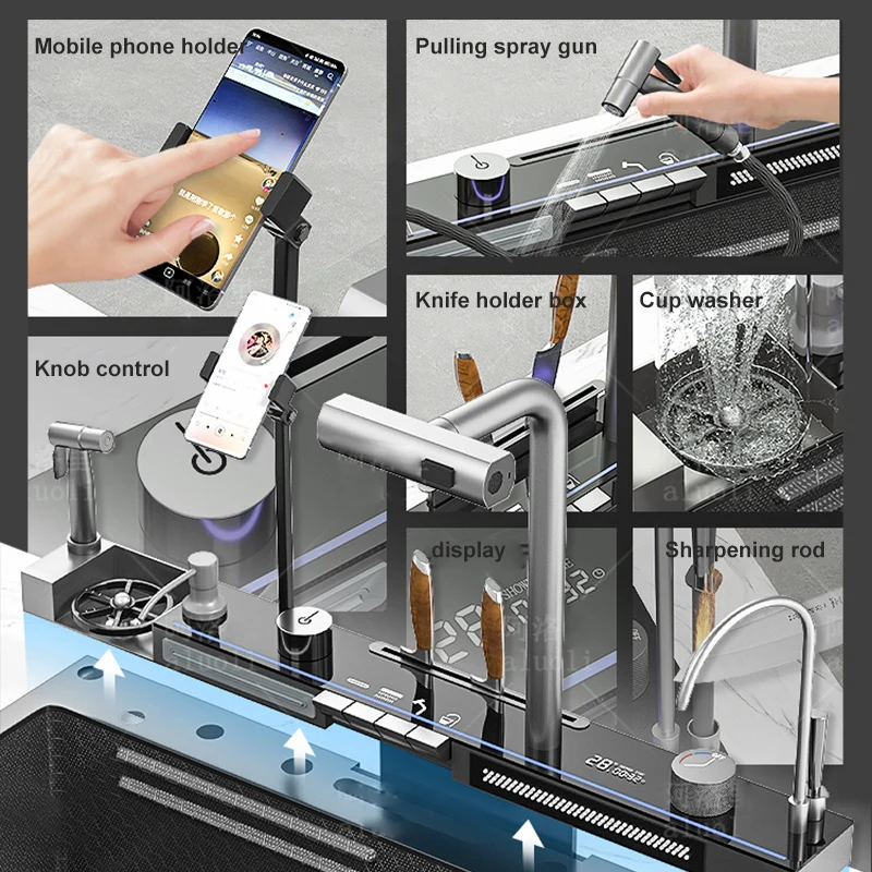 Waterfall Sink  Kitchen Single-Slot with intelligent Mobile phone holder Stainless Steel Pull-Out Faucet,Smart Honeycomb embosse 2