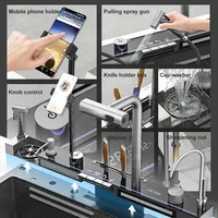 Waterfall Sink  Kitchen Single-Slot with intelligent Mobile phone holder Stainless Steel Pull-Out Faucet,Smart Honeycomb embosse 2