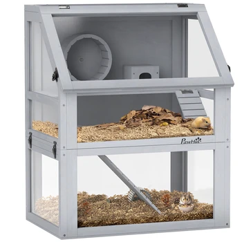 PawHut Wooden Hamster Cage w/ Detachable Bottom, Hut, Seesaw