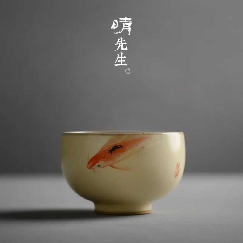 

Handmade Egg-Shell Porcelain Designer Hand-Painted Carp Hand-Made Ceramic Ceramic Tea Cup Gracked Glaze Kombucha Gift Boutique