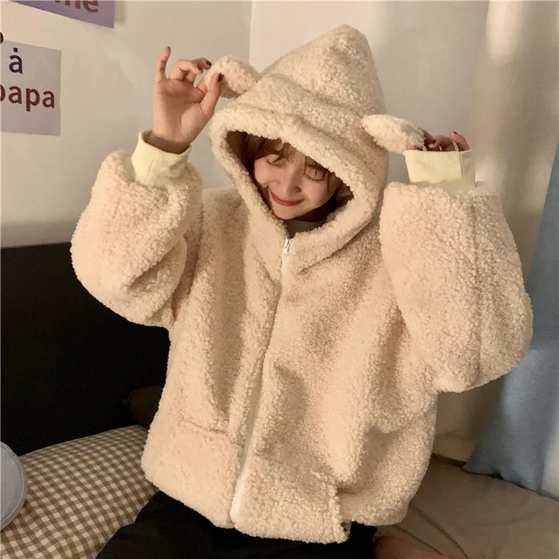 Women's Hooded Sweatshirt Solid Lambskin Long Sleeve Hoodies Ladies Warm Outerwear Pullovers Fleece Drawstring Hooded Moletom