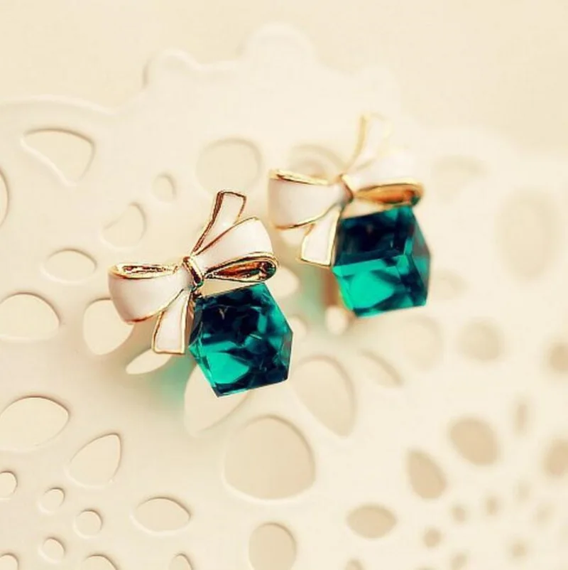 Crystal Stud Earrings Gold Color Bowknot Cube Square For Women