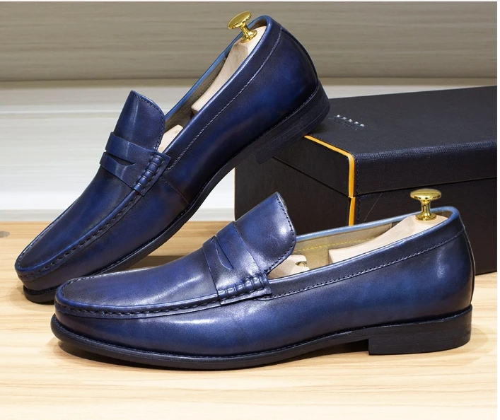 High Quality Casual Shoes Designer Loafers Men Retro Elegant Handmade Sewing Shoe Daily Wear Color Blue Comfotable