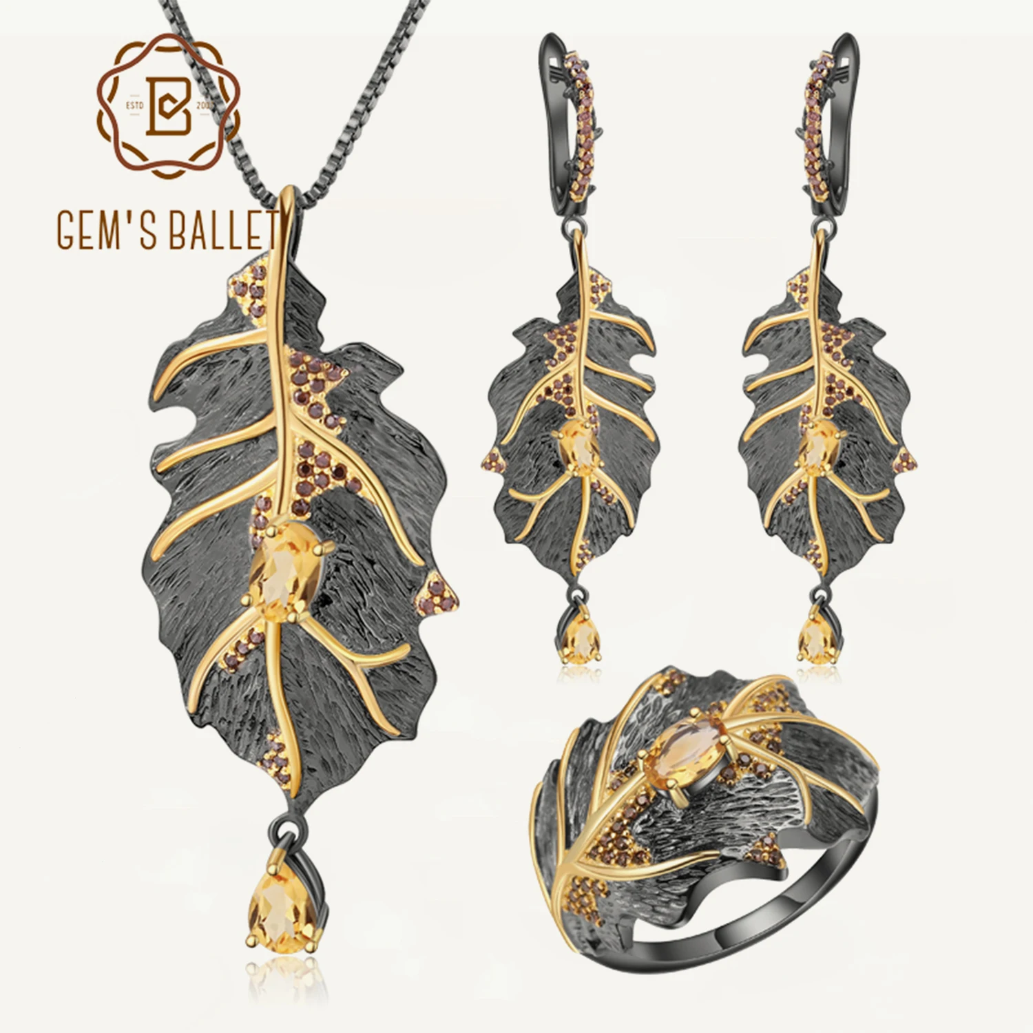 

GEM'S BALLET Georgia O'keeffe Design 925 Sterling Silver Citrine Handmade Leaves Ring Earrings Pendant Jewelry Set For Women