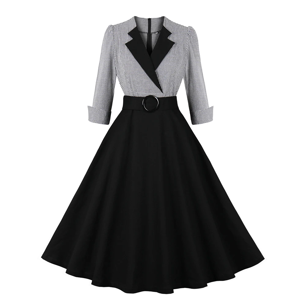 

Plaid and Black Elegant Ladies Rockabilly Cotton Dresses Notched Collar 3/4 Sleeve Autumn Spring Women Vintage Dress VD4373