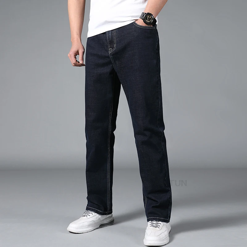 KSTUN Extended Length Jeans Men Dark Blue Extra Length Trousers Mens Clothing Straight Cut Business Casual Tall Man 190cm~200 cm 2