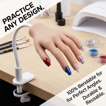 Manichino Flessibile per Pratica Nail Art con Morsetto da Tavolo Regolabile e Punte per Unghie Sostituibili