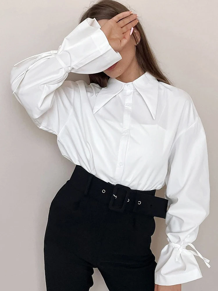 

Блузка женская с отложным воротником, элегантная повседневная рубашка на завязках, Офисная модная шикарная белая с длинным рукавом, топ на пуговицах, осень