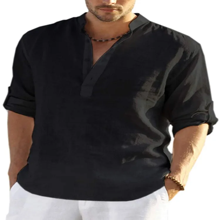 Makkrom Men's Cotton Linen Henley Shirt Short Sleeve Hippie Casual Summer Beach Yoga T Shirts 