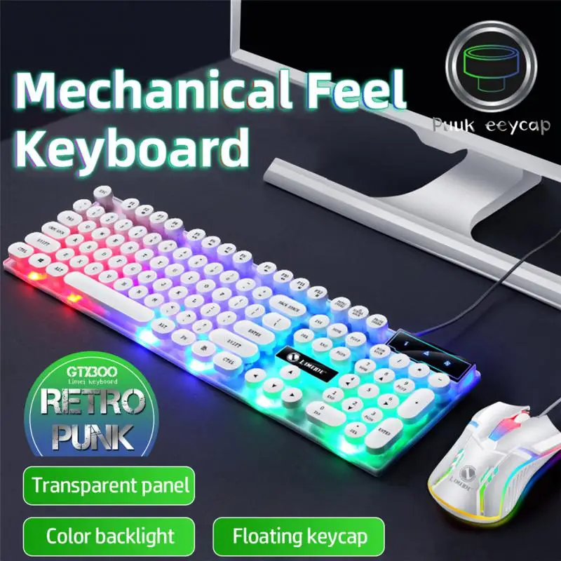 pc keyboard Retro Punk Keyboard Mouse Combos Mechanical Feel Gaming Backlit USB Wired Keyboard With Suspended Round Keycaps For PC Gamer mini computer keyboard