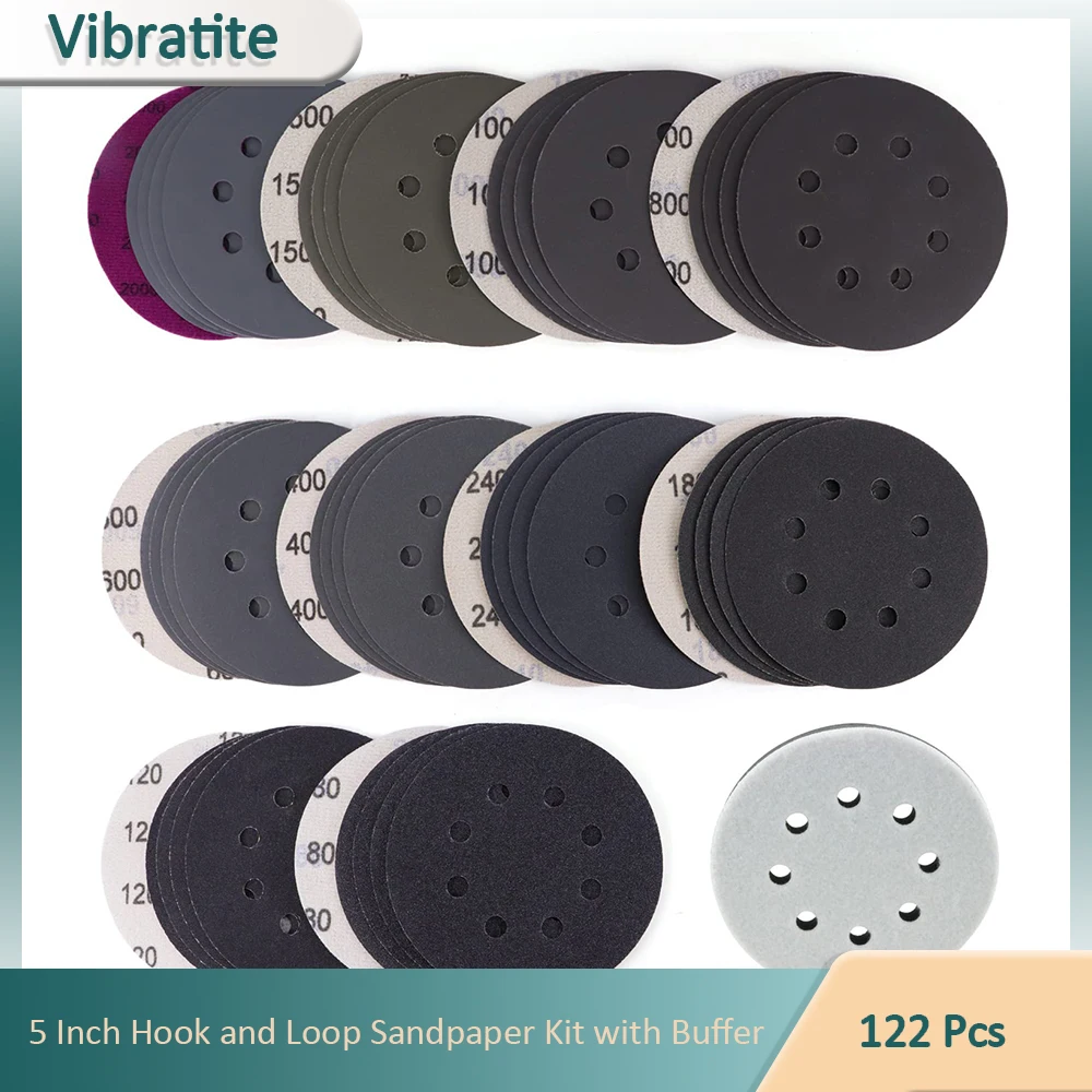 

120pcs 5 Inch Sanding Discs Hook & Loop 8 Holes Wet Dry Orbital Sandpaper with Interface Pads Silicon Carbide Round Flocking San