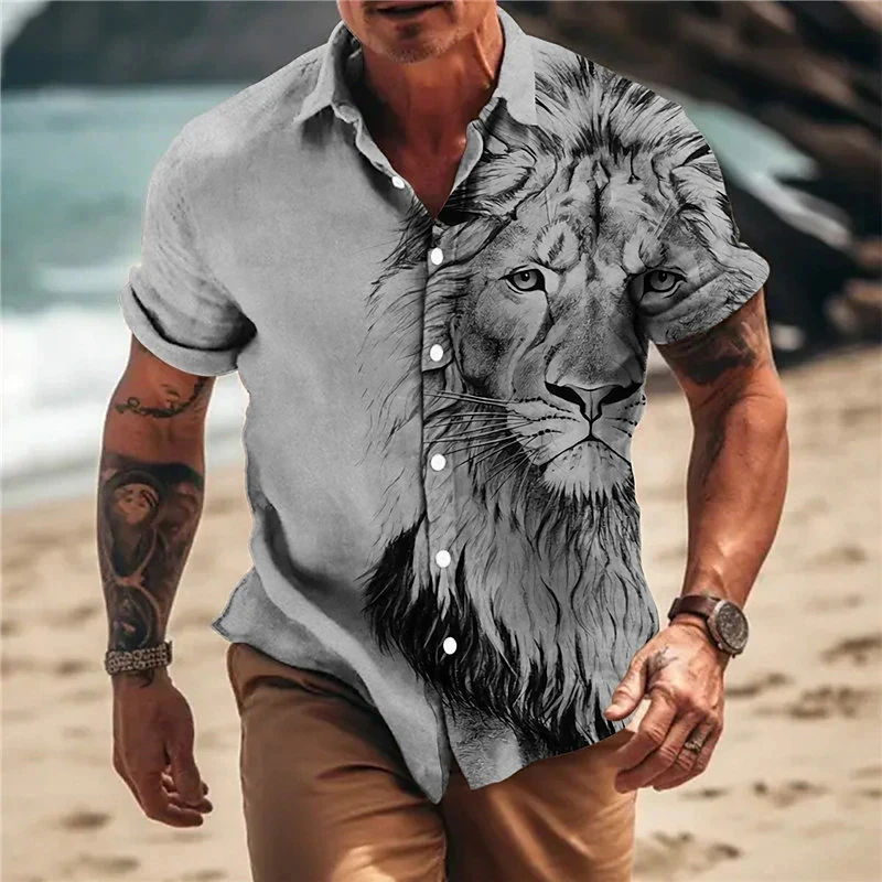 Hawaiian Men's Shirt 3D Animal Print Summer New And Women's Lion Pattern Short Sleeve Loose Large Breathable Top 4