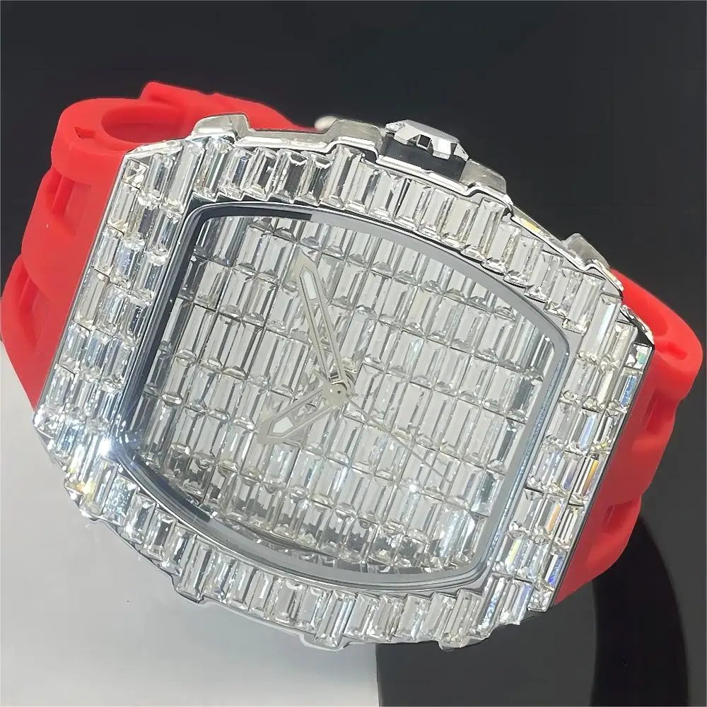 2024 Luxury Iced Watch For Men Fashion Sports Casual Red Silicone Strap Quartz Clock Man Hip Hop Square Diamond WristWatch Reloj