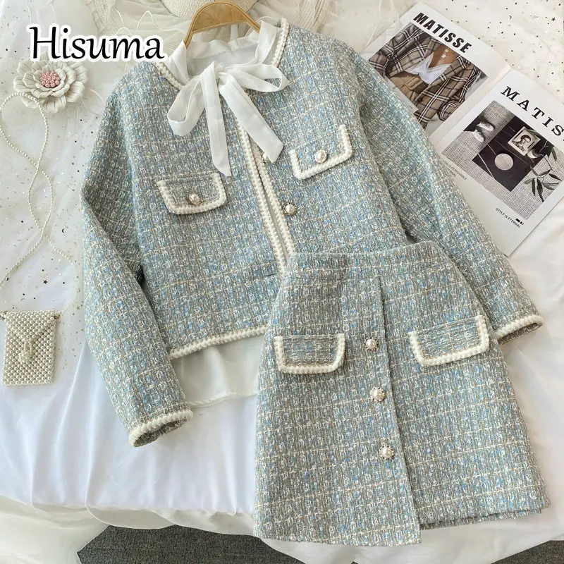 

2023 sprIng new women tweed jacket + lace-up bow shirts + high waist Irregular buttocks A-line skirt suit female 3 piece sets