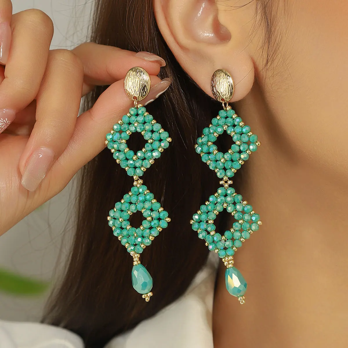 Bohemia Ethnic Layered Square Shaped Crystal Beads Earrings for Women Handmade Elegant Long Hanging Earrings Summer Jewelry Gift
