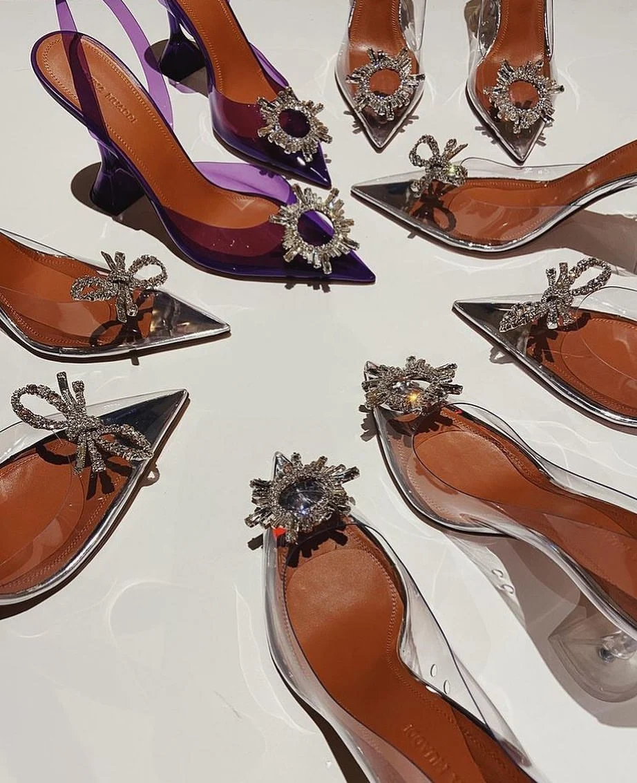 

Amina muaddi high-heeled shoes sunflower drill bow drill PVC pointed European crystal wine glasses and sandals.