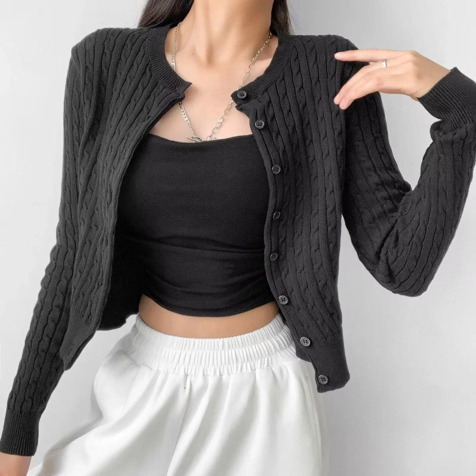 4 colors Women Cable Twist Knitted Cardigan Round Collar
