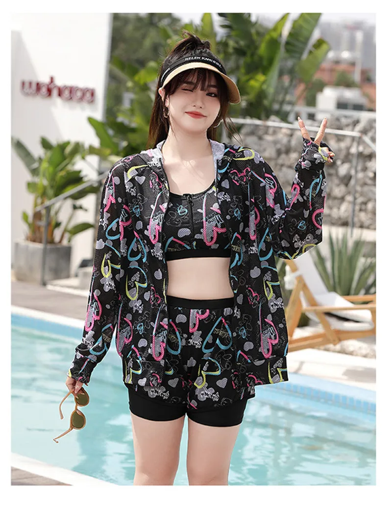 Women's Swimwear Large Size 3XL-9XL Three piece Swimsuit Long Sleeved Hoodie Surfing Sport High Quality Bikini Beach Costumes