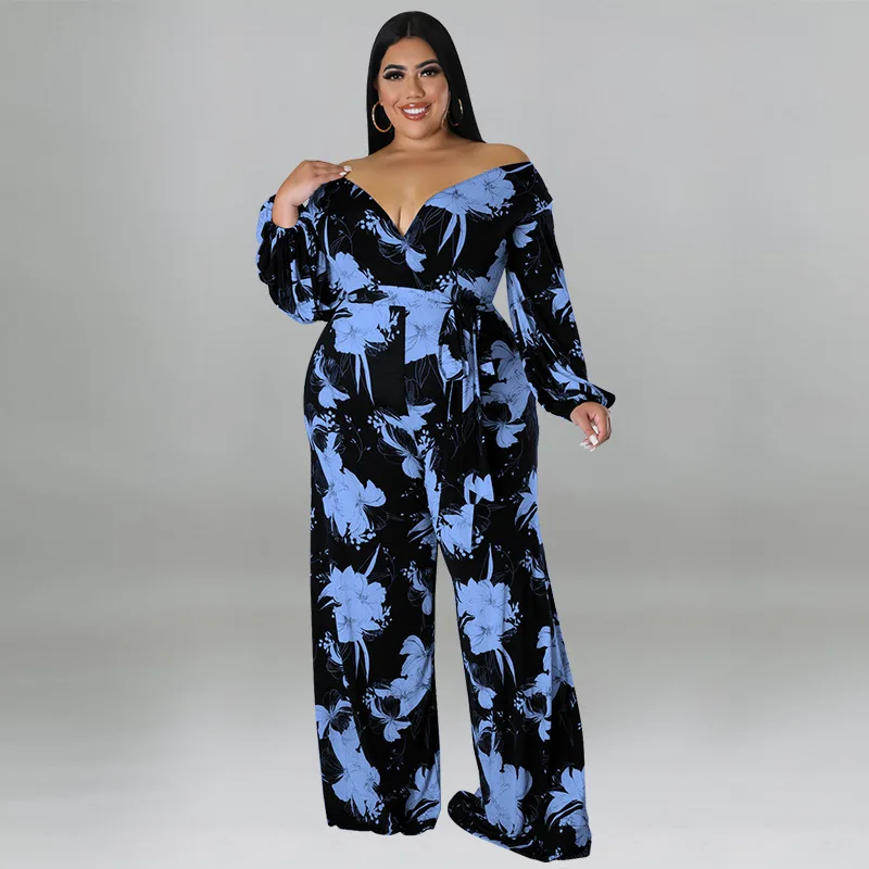 Plus Size Women 5xl Jumpsuit Off Shoulder Floral Print One Piece Outfit Sexy Fashion Wide Leg Pant 2023 Summer Lady V Neck Cloth