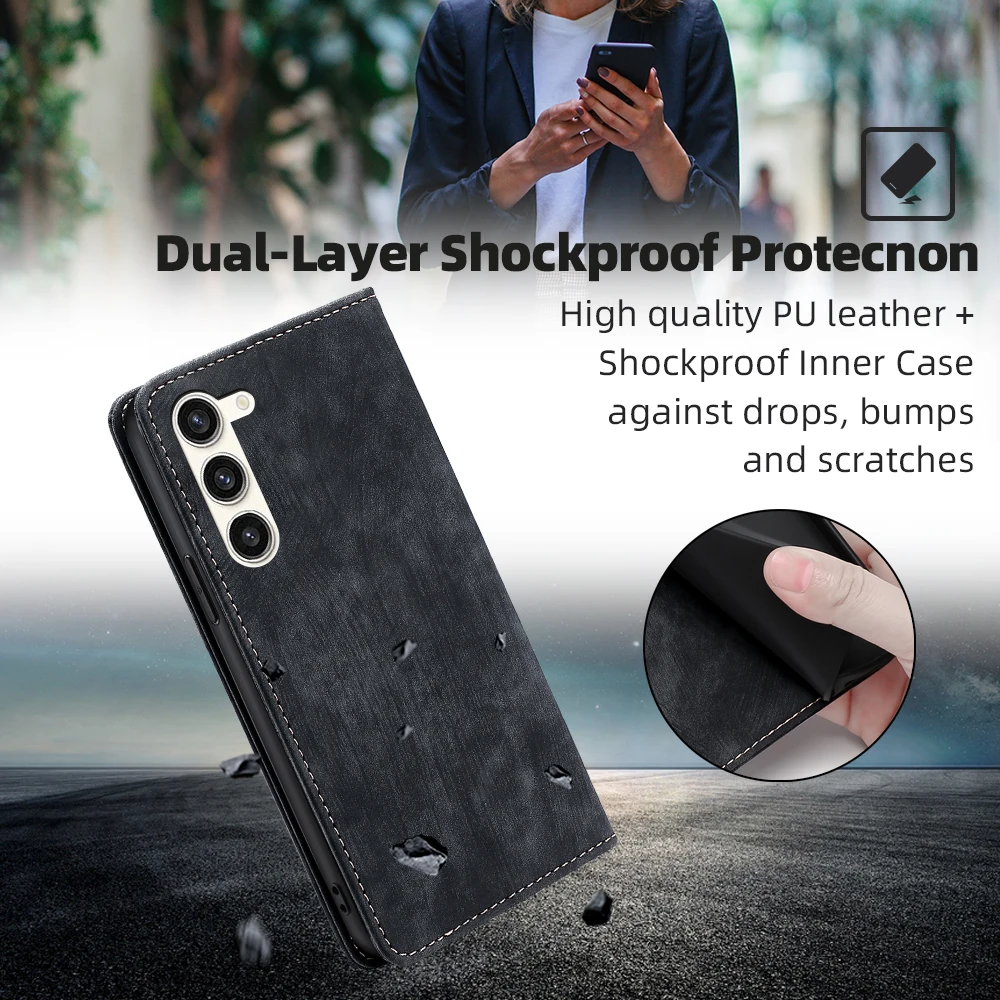 Magnetic Leather Wallet Case with Card Slots and RFID Protection