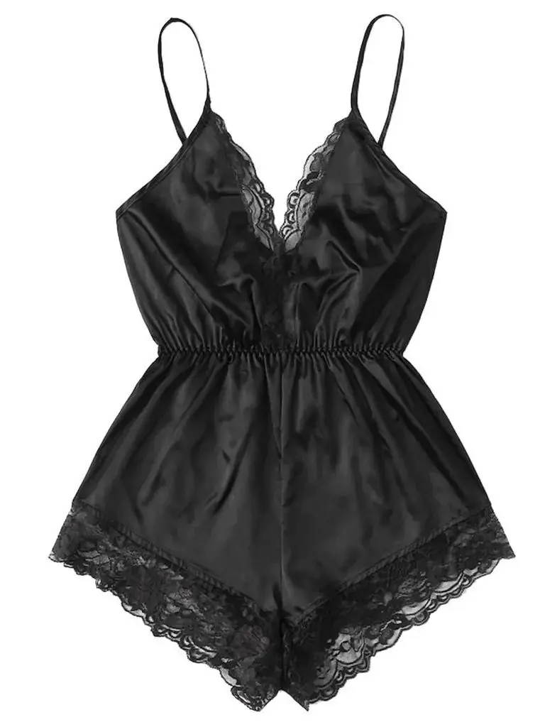 Women Suspender Pajamas V-neck lace patchwork one-piece sleeveless