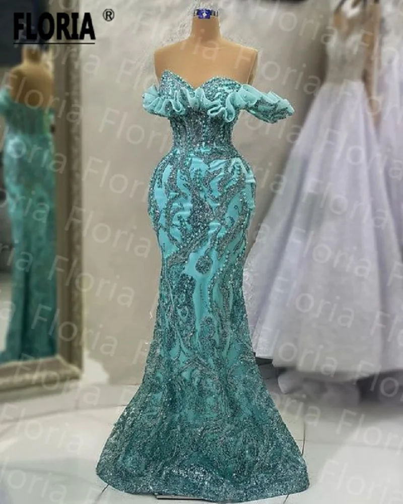

Luxury Pearls Beaded Prom Dresses Mint Green Sequins Lace Backless Mermaid Evening Wear Robe De Soiree Fashion Cocktail Dress