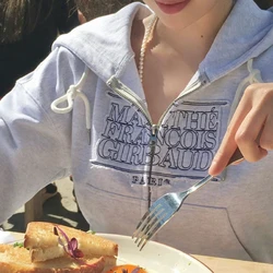 Korean Streetwear Letter Sticker Embroidery Hoodies High Waist Short Sweatshirt Crop Top Women Slim Lady Zip Up Jackets Harajuku