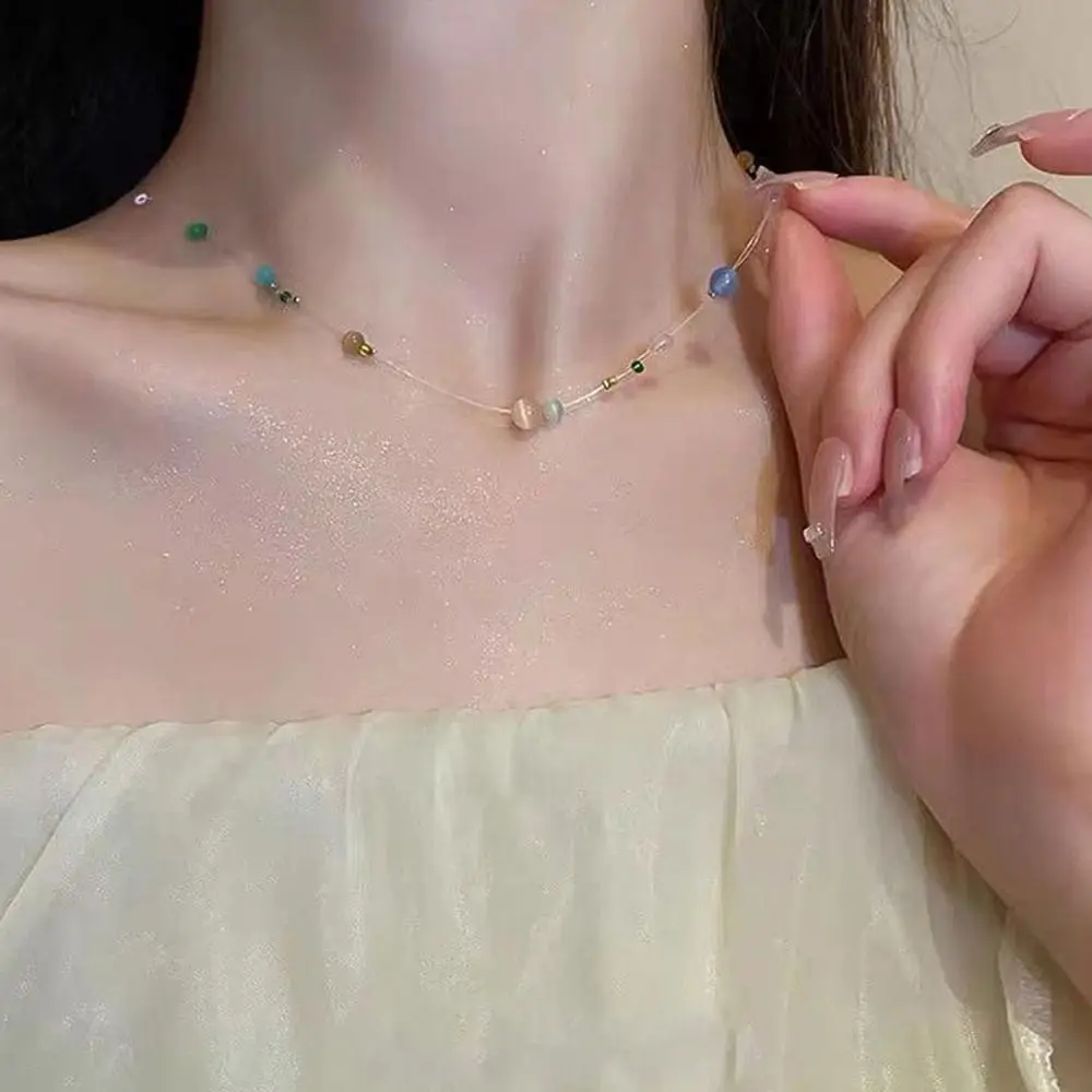 

Summer Colorful Opal Beaded Necklace Niche Fishing Line Suspension Flavor Clavicle Chain Ins Wind Fashion Jewelry Accessories