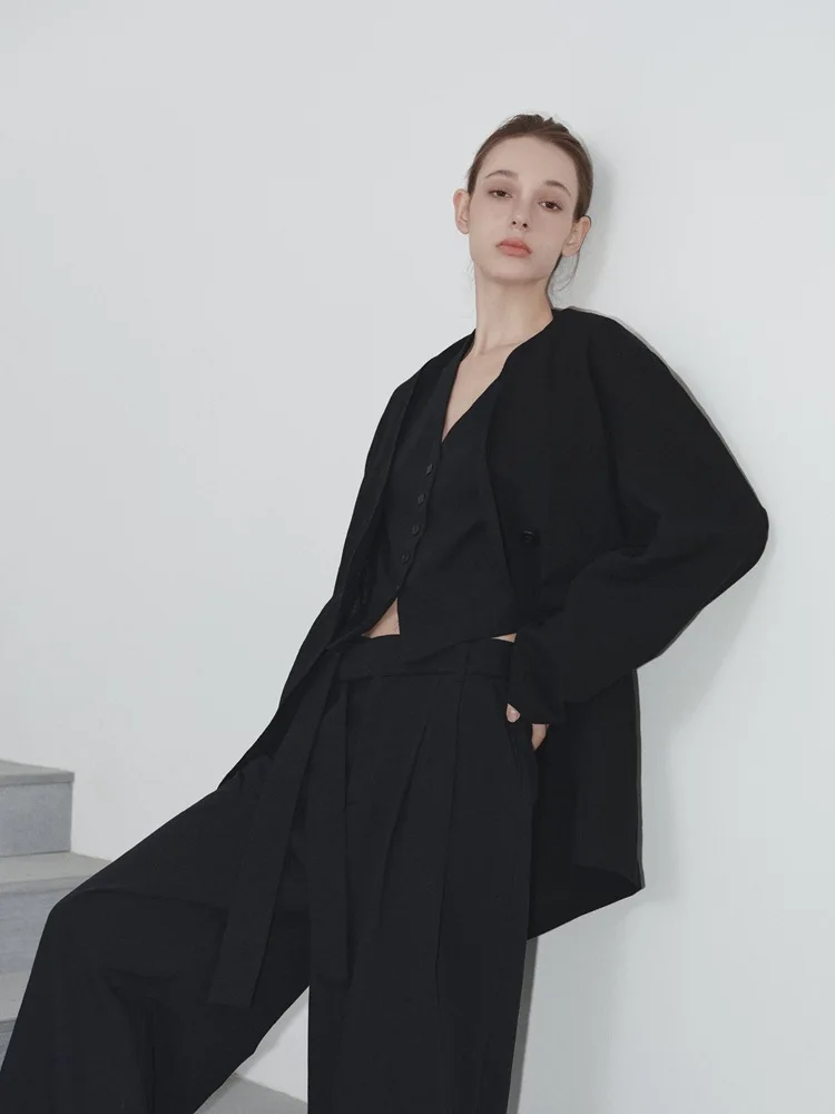 Leisure Temperament Collarless Cotton and Linen Suits Jacket for Women's Spring and Autumn Silhouette Loose Casual Coat