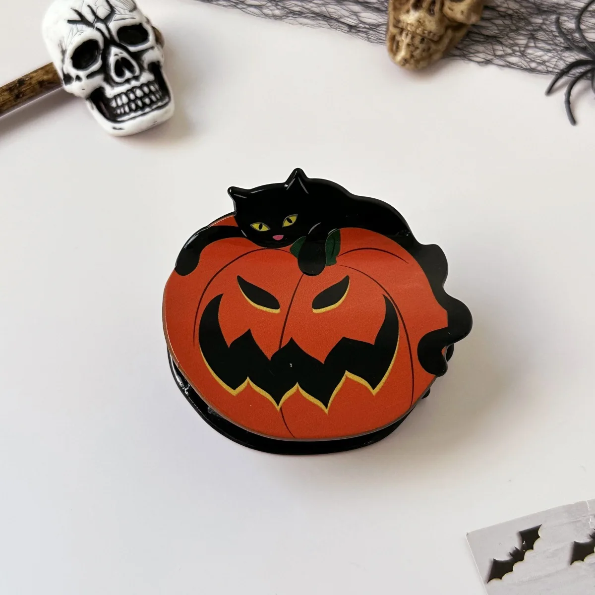 1 Stück neue Halloween-Spaß-Kürbiskopf-Haarspange mit schwarzer Katze, hinteres Gehirngeflecht, Fledermaus-Pferdeschwanz-Clip, Haar-Accessoire – Detail 8