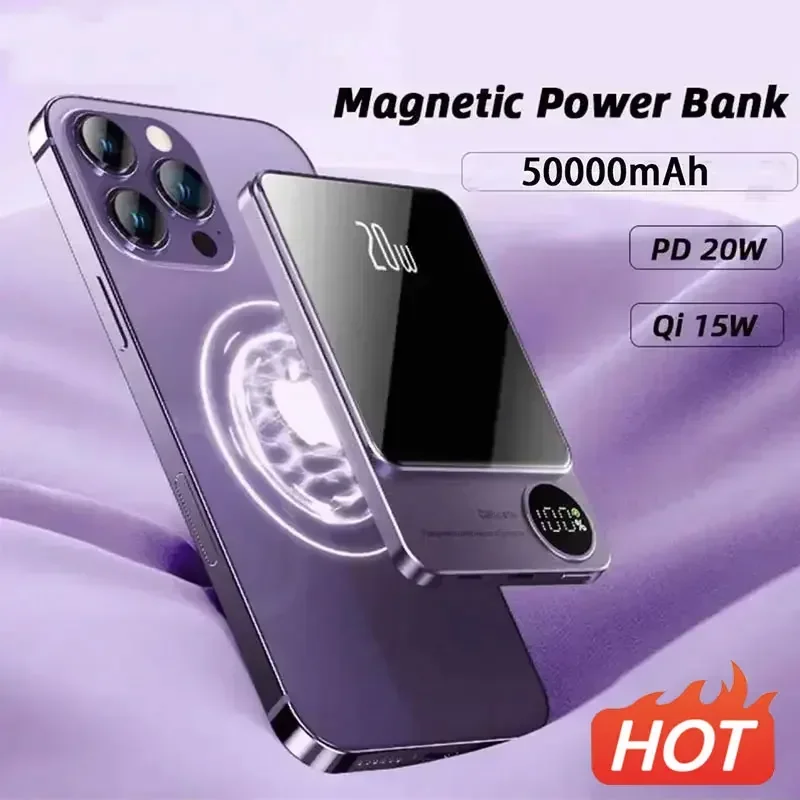 

50000mAh Magnetic Wireless Power Bank 5000mAh Portable PD 20W Fast Charging External Battery for iPhone 14 13 Samsung Powerbank