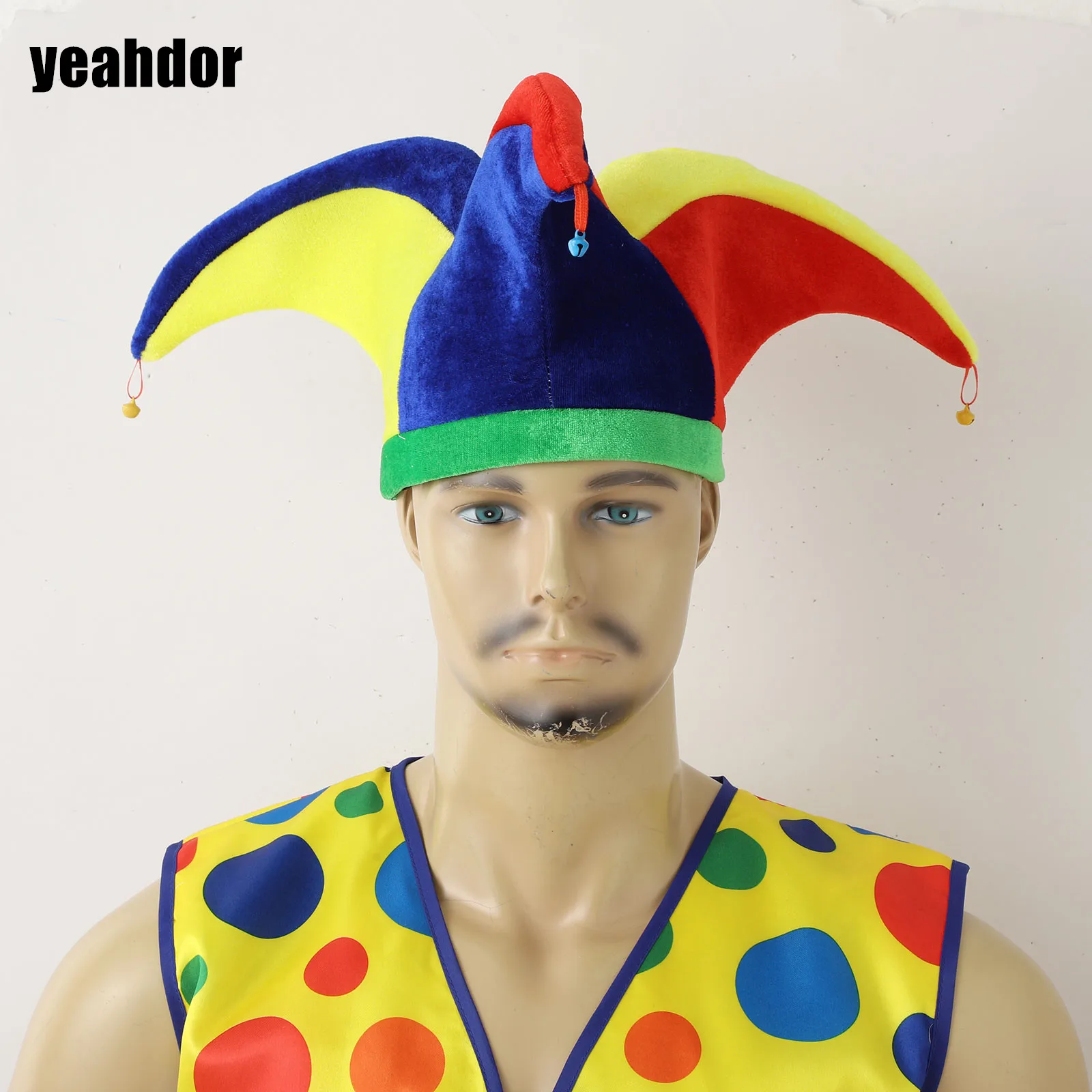 

Halloween Adult Rainbow Clown Hat Multicolor Panels Multiple Peaks Bells Jester Hat Mardi Gras Party Cosplay Circus Accessory