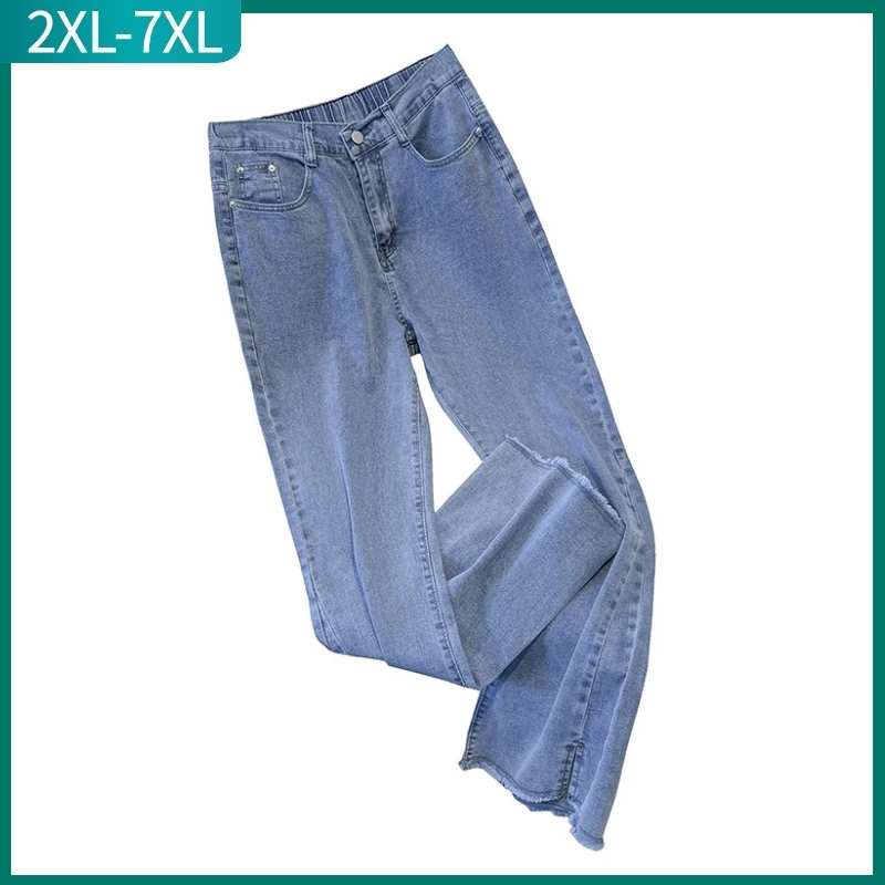 

New 2023 Ladies Summer Plus Size Flared Jeans For Women Large Slim Cotton Elastic Blue Pocket Denim Trousers 3XL 4XL 5XL 6XL 7XL