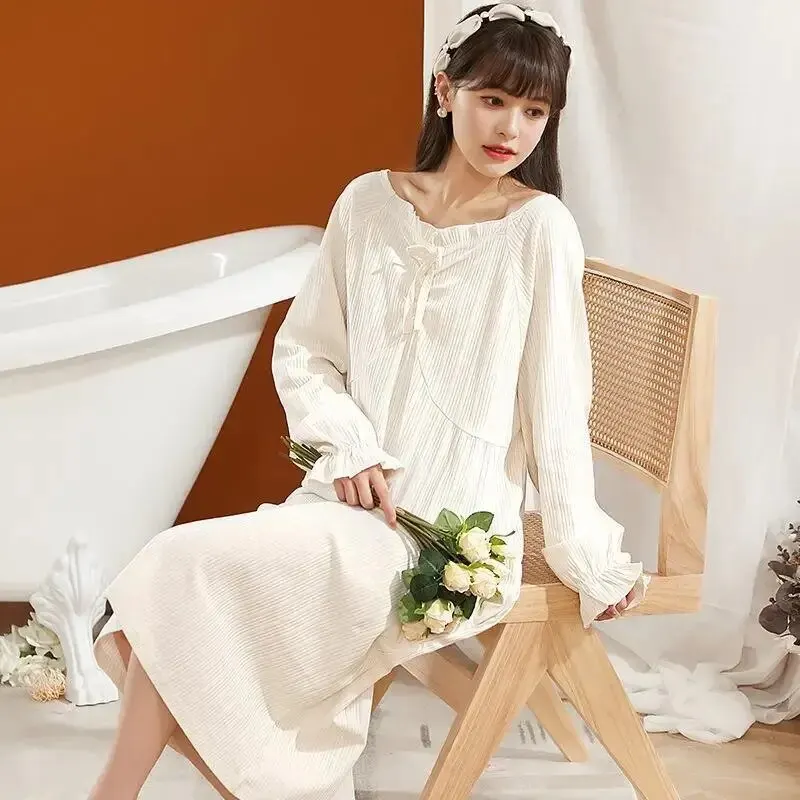 Long Sleeve Cotton Sleepwear Women Mid-length Pure Color Sweet Style Can Be Worn Outside Home Hotel Bathroom Wedding Studio