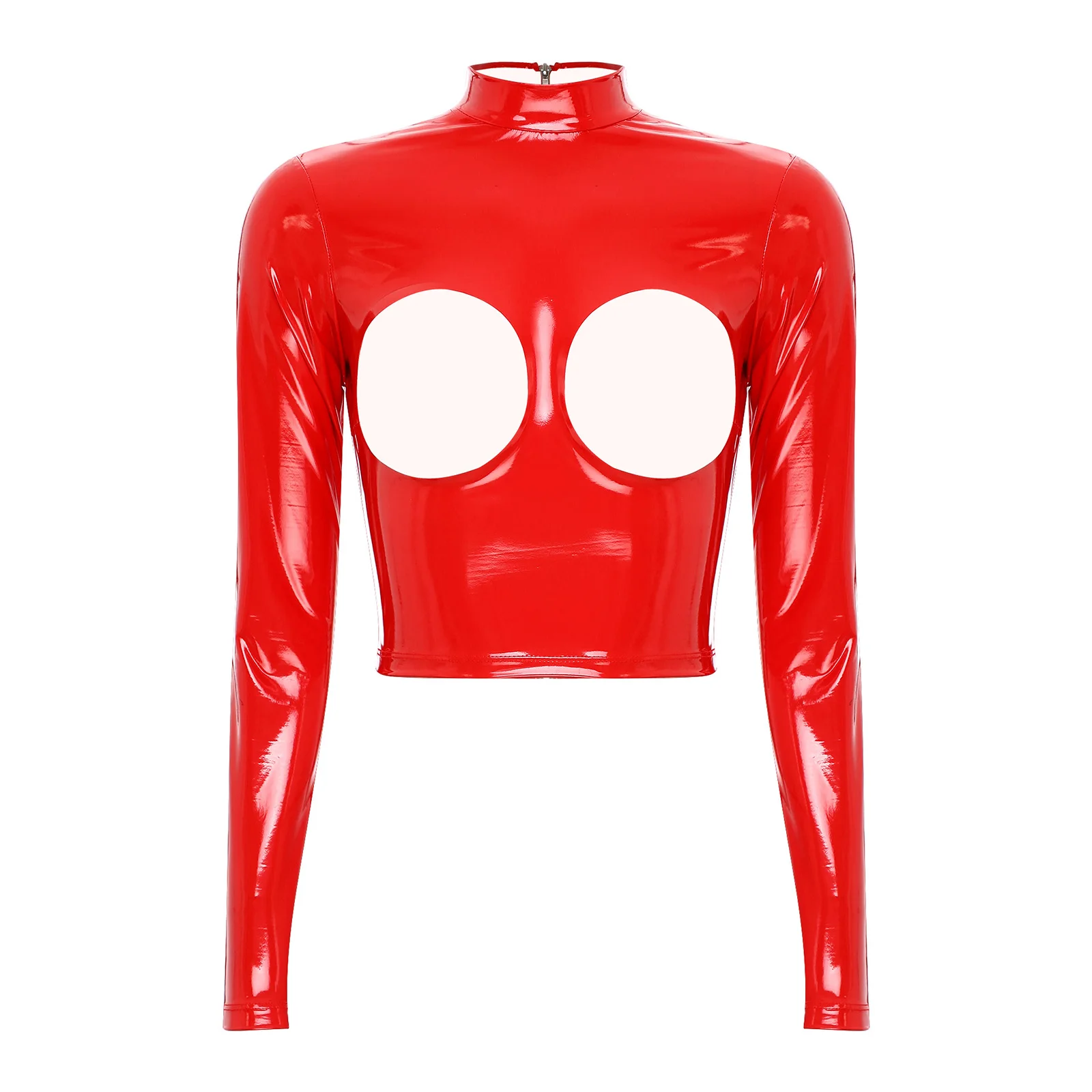 thumbnail image 1 of Top Sexy ceñido al cuerpo con cremallera en la espalda y pecho abierto para mujer, Top de charol brillante, Top corto de manga larga con cuello simulado para discoteca, 1 of 5