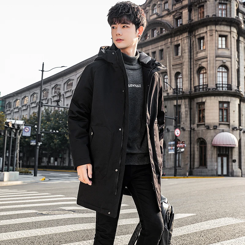Casual Mid-Length Hooded White Duck Down Jackets Men\'s 2023 Winter Solid Warm Long Puffer Coats Windbreaker Outwear Thick Parkas