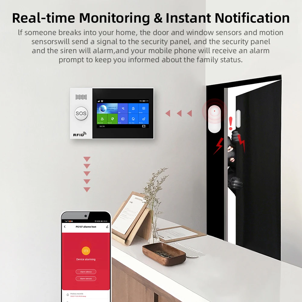 HIVA Tuya Alarm System 4.3 Inch Screen WIFI GSM GPRS Burglar Home Security with PIR Motion Sensor & Fire Smoke Detector PG-107