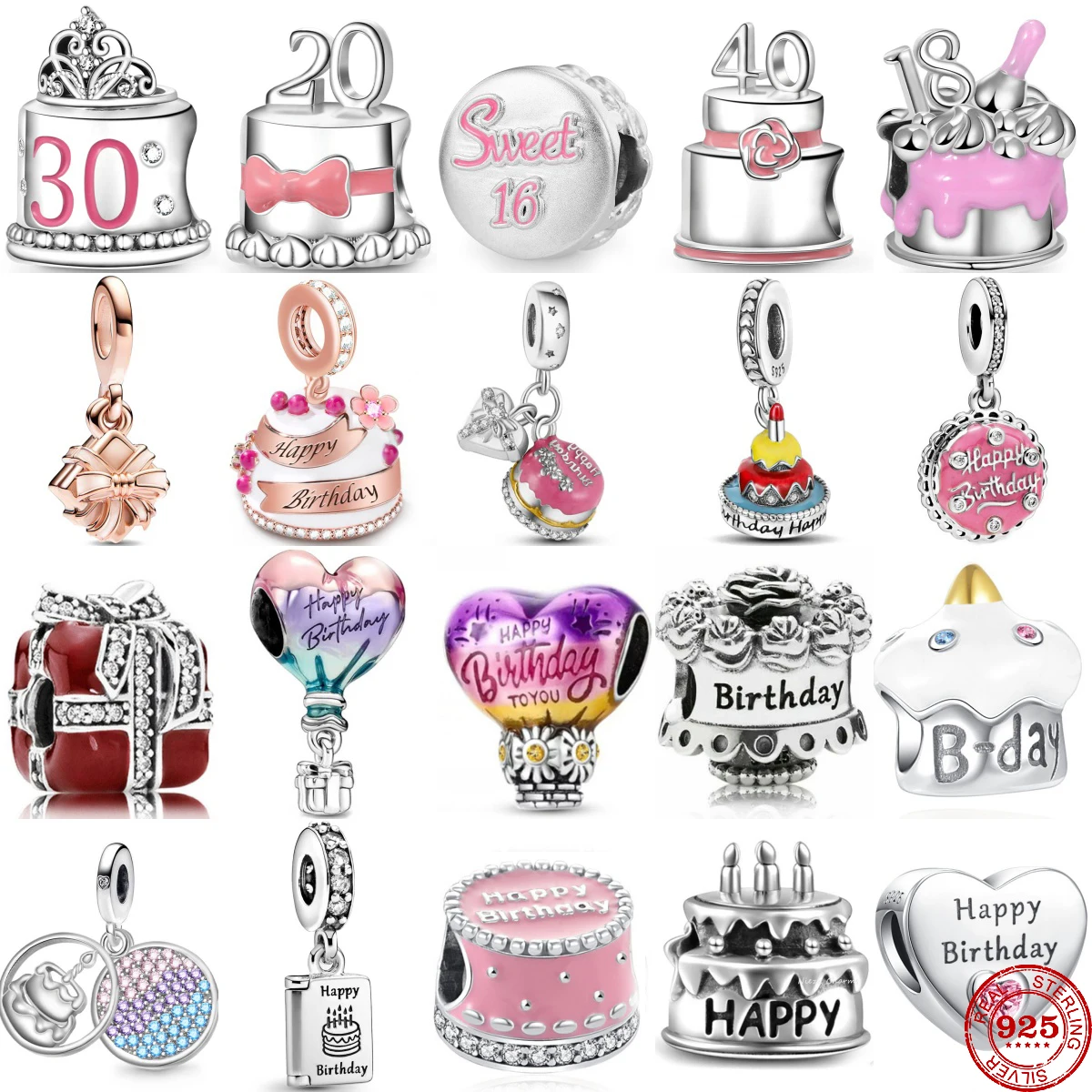 925 Sterling Silver Happy Birthday Anniversary Celebration Beads Charm Fit Original Pendant Bracelet Jewelry making Women Gift charm jewelry sterling silver jewelry beads charms sterling silver beads bead jewelry making silver charm bead charm bead beads jewelry sterling silver beads charm silver bead bracelet silver charm bracelet