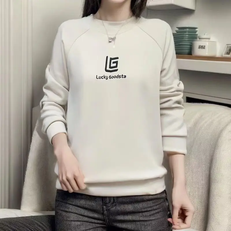 Autumn and Winter Women's Pullover Solid Embroidery Letter Screw Thread Lantern Long Sleeve Hoodies Loose Fashion Casual Tops