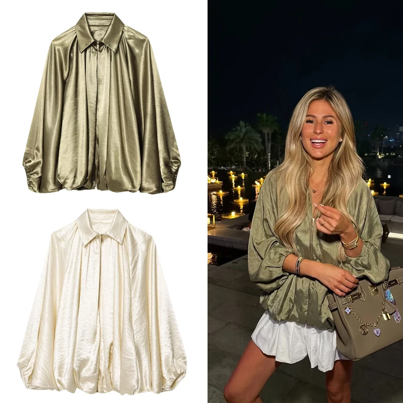 Women's Bomber Jacket Long Sleeve Pleats Street Wear With Zipper Green Beige Vintage Oversize Zip Up Casual Summer Jacket female