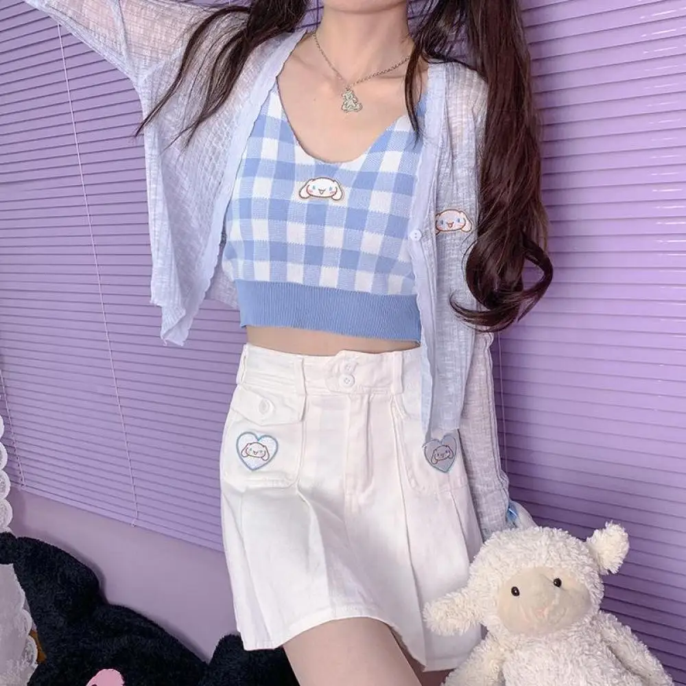 

Kawaii Cinnamoroll жилет футболка Мультфильм Sanrioed Аниме Фигурка короткий топ внутри личность милая девушка Студенческая трендовая Мода