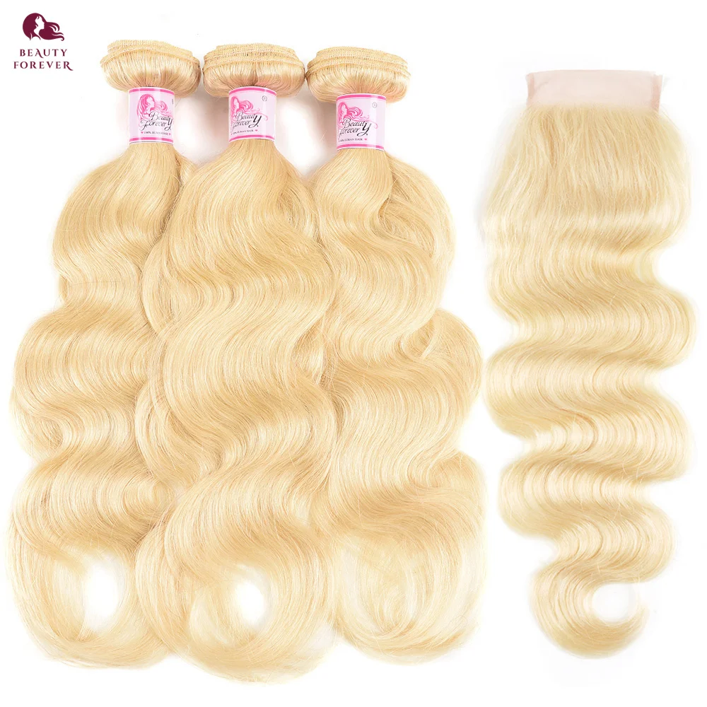 

Beautyforever 613 Blonde Bundles With Closure Grade 12A Thick End Brazilian Body Wave Hair Weaves 3 Bundle With 4x4 Lace Closure