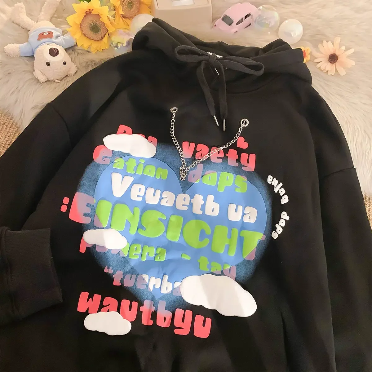 New style with chain suede American high street black foam letter hoodie female vibe style student couple loose y2k top