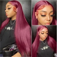 Perruques de cheveux humains lisses bordeaux 99J avec dentelle frontale 13x4 13x6 HD transparente, perruque frontale complète en dentelle, densité 200, perruques de cheveux raides 3