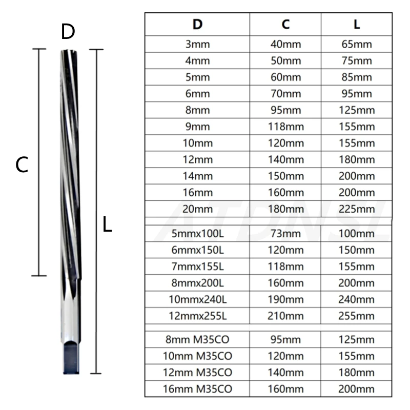 Hand Reamer Spiral 1:50 Conical HSS CNC Tools D3mm/4/5/6/8/9/10/12/14/16/18/20mm Extended 100/150/200/255L M35 Cobalt