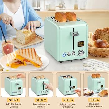 Toaster 2 Slice,Stainless Steel,LCD Display,7 Bread Shade Settings,1.4'' Wide Slots,4-in-1 Functions,Removable Crumb Tray,900W 6