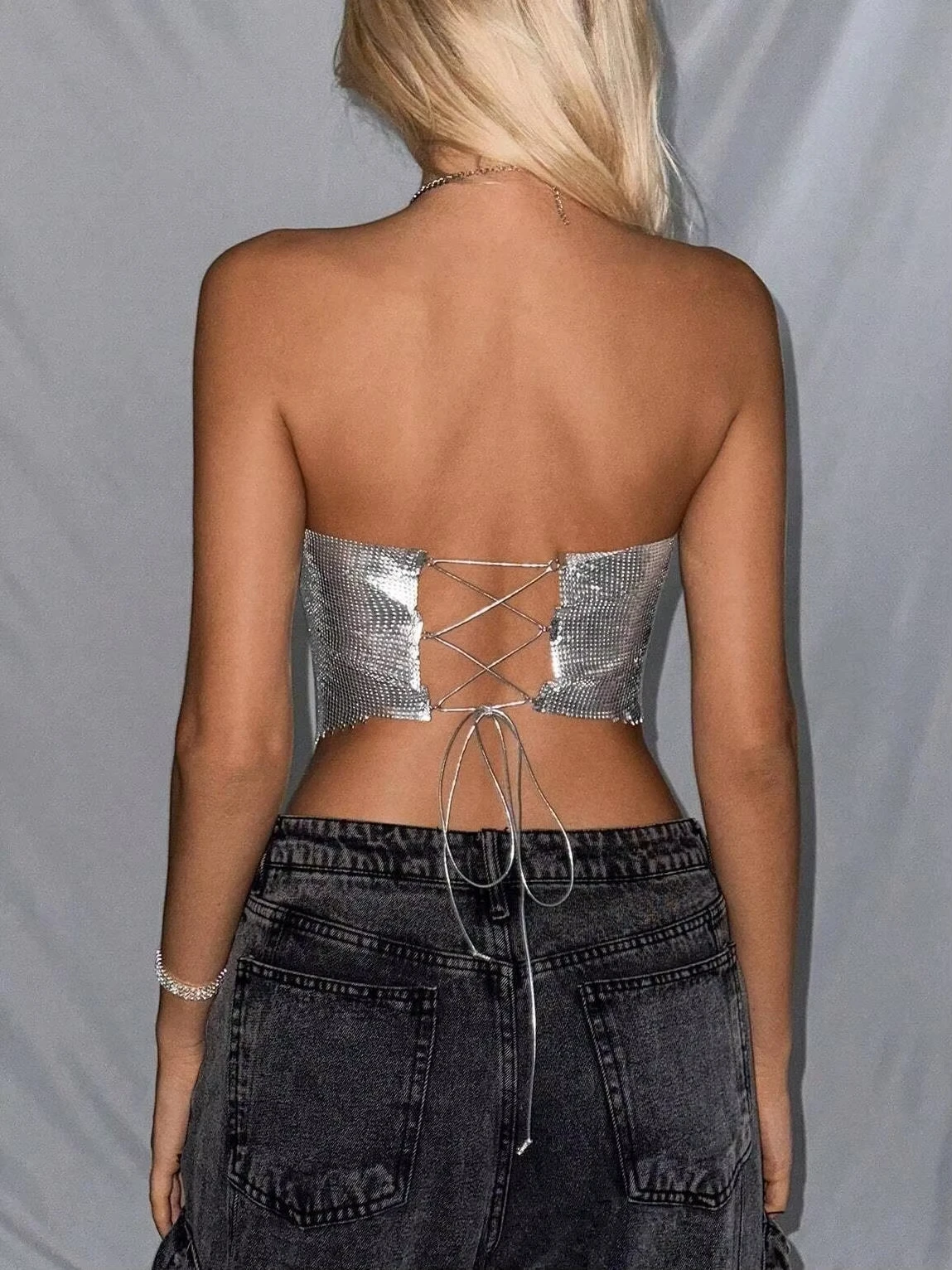 Sexy Metall-Pailletten-Tube-Tops für Damen, rückenfrei, Bandage-Design, schulterfrei, ärmellos, Tank-Tops, Festival, Party, Club, Camisole – Detail 3